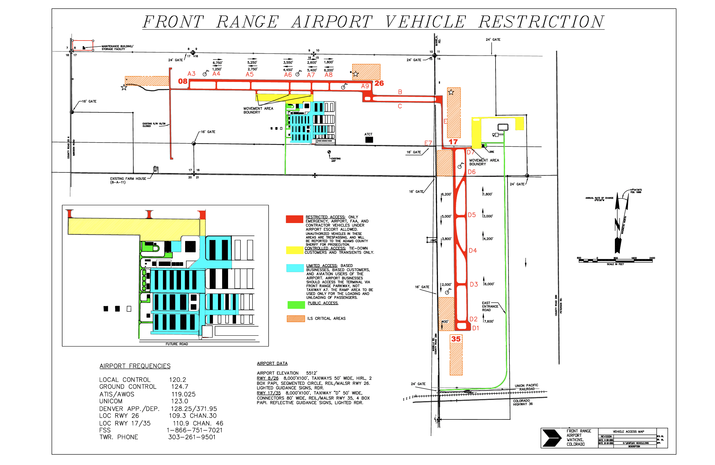 Front Range Airport vehicle restriction map with marked areas and access permissions. Includes airport frequencies, data, and movement area boundaries.